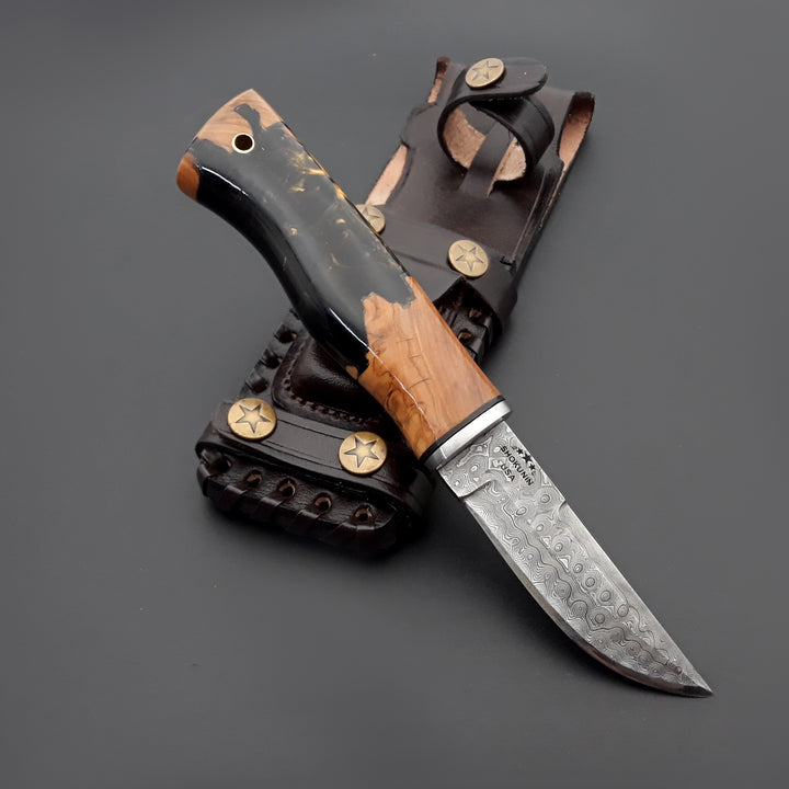 Damascus Knife - Predator Damascus Steel Knife with Exotic Olive Wood Burl &amp; Resin Handle - Shokunin USA