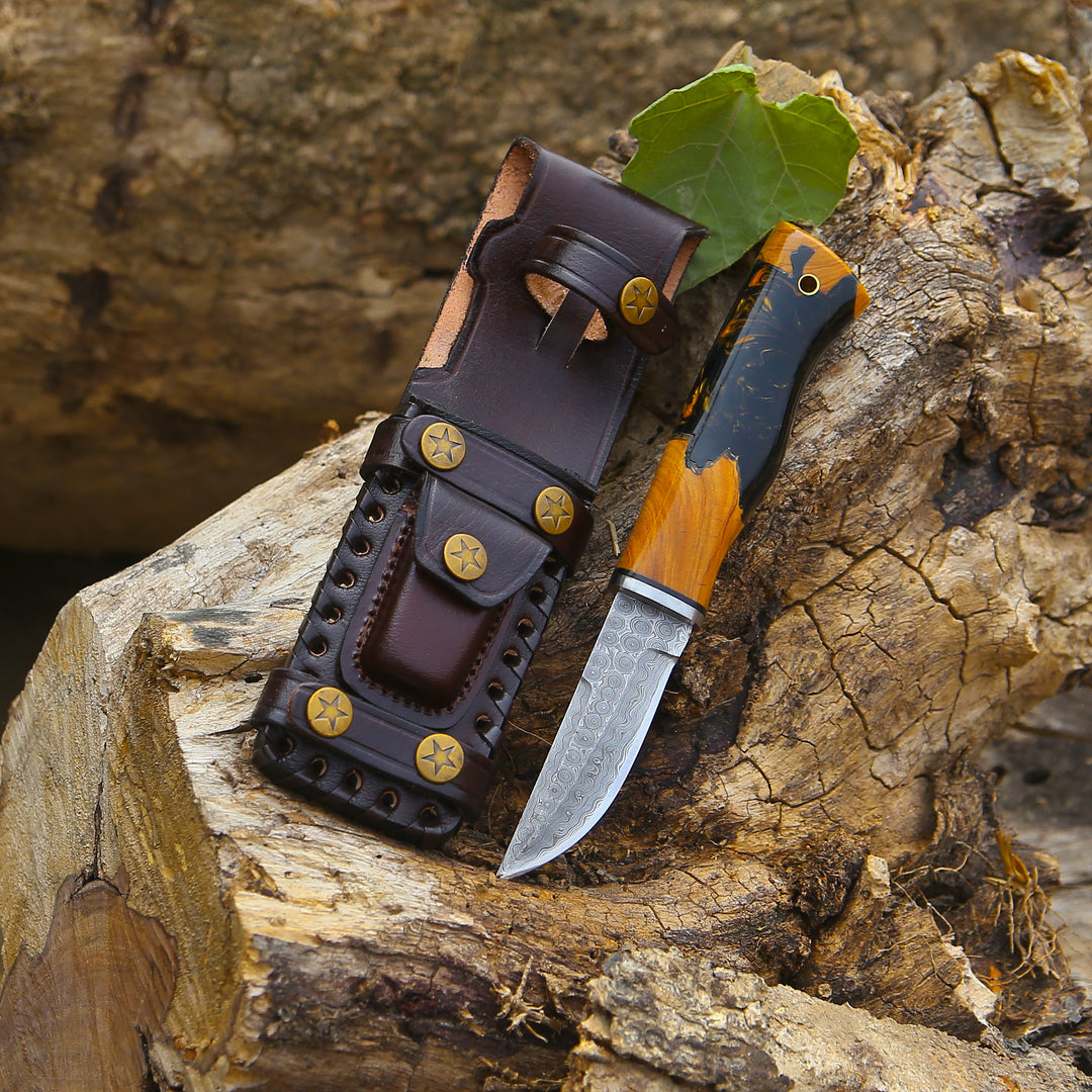 Damascus Knife - Predator Damascus Steel Knife with Exotic Olive Wood Burl &amp; Resin Handle - Shokunin USA