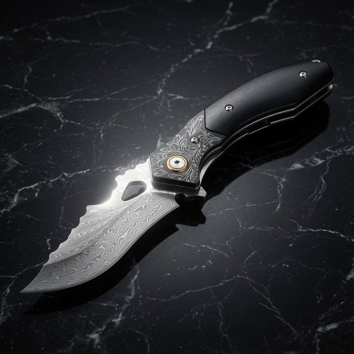 Damascus Knife - Specter Handmade Japanese VG10 Damascus Pocket Knife with Sheath &amp; Ebony Wood Handle - Shokunin USA