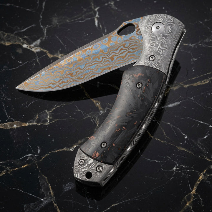 Damascus Knife - Centurion Titanium Damascus (Timascus) Pocket Knife with Carbon Fiber Handle &amp; Sheath - Shokunin USA