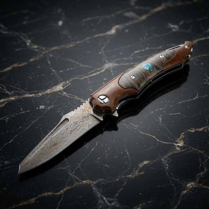 Pocket knife - Elite Handmade Japanese VG-10 Copper Damascus Pocket Knife with Stained Maple Burl Handle &amp; Sheath - Shokunin USA