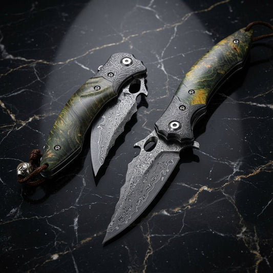Damascus Knife - Blackbird Japanese EDC Pocket Knife with Stained Maple Burl Wood Handle - Shokunin USA