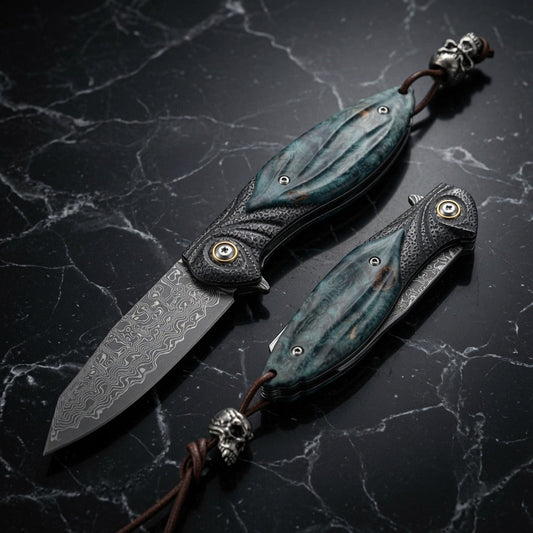 Damascus Knife - Viper Japanese Damascus Pocket Knife with Stained Maple Burl Handle - Shokunin USA