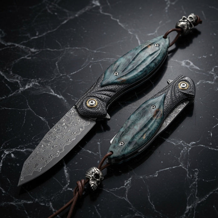 Damascus Knife - Viper Japanese Damascus Pocket Knife with Stained Maple Burl Handle - Shokunin USA