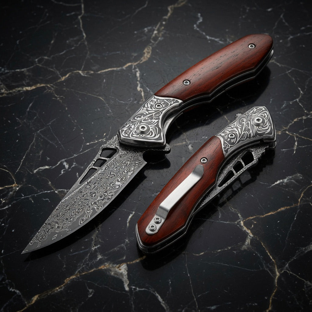 Pocket knife - Artemis Japanese VG10 Damascus Pocket Knife with Clip & Exotic Red Sandal Wood Handle - Shokunin USA