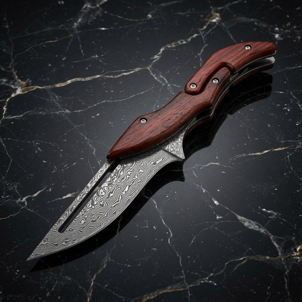 Hera Japanese VG10 Slider Damascus Pocket Knife with Exotic Red Sandal Wood Handle