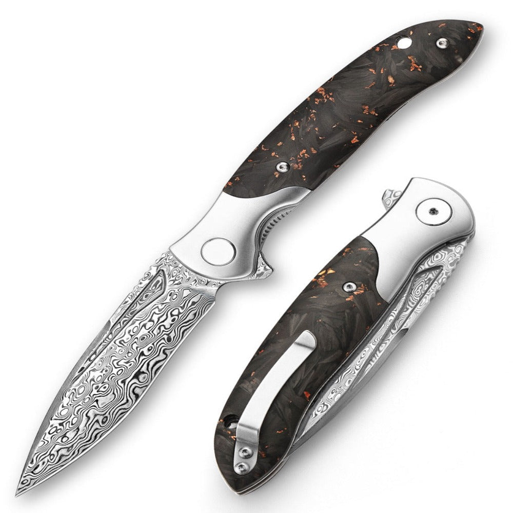Damascus Pocket Knife - Raven VG10 Ultralight Folding Pocket Knife with Titanium & Carbon Fiber Handle - Shokunin USA
