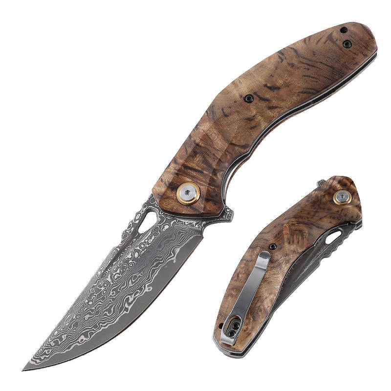 Damascus Knife - Tomahawk Damascus Pocket Knife with Clip and Exotic Olive Wood Handle - Shokunin USA