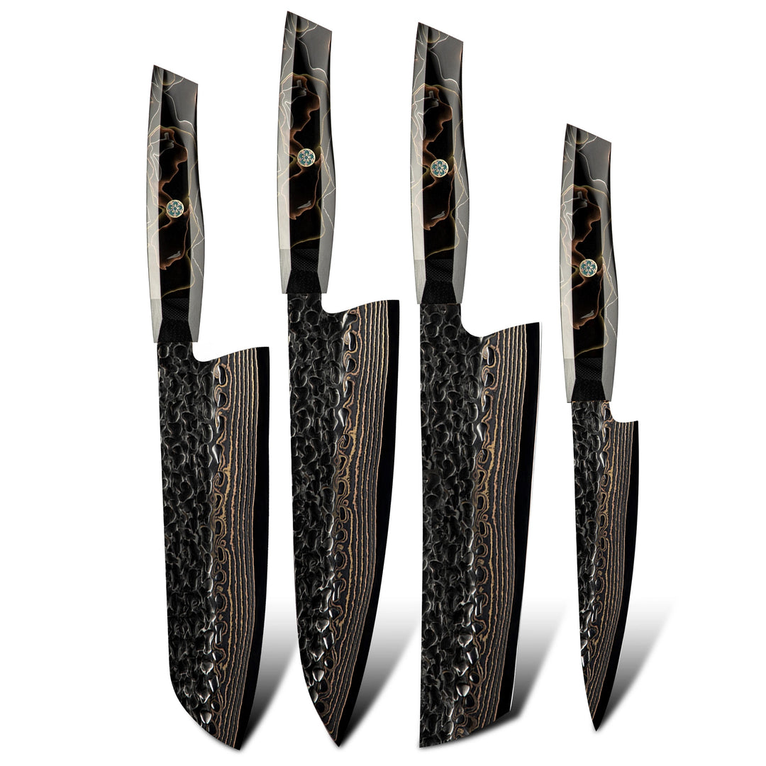 Chef Knife Set - Majestic Japanese Chef Knife Set with Exotic Copper Damascus and Raffir Noble Handle - Shokunin USA