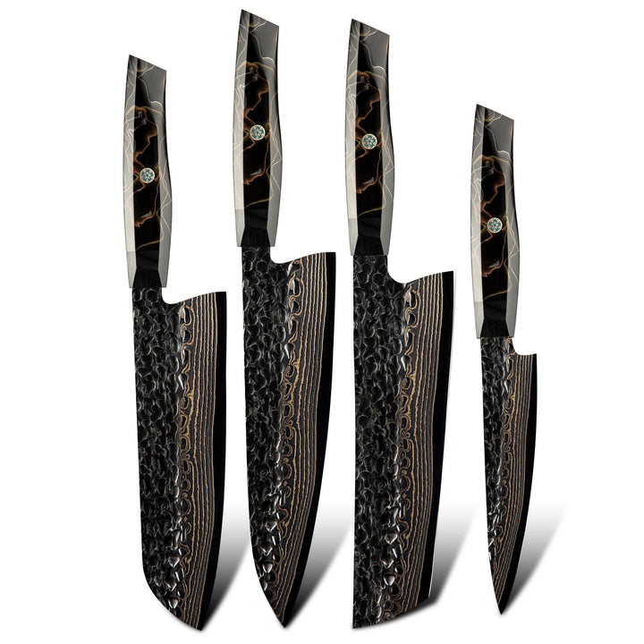 Chef Knife Set - Majestic Japanese Chef Knife Set with Exotic Copper Damascus and Raffir Noble Handle - Shokunin USA