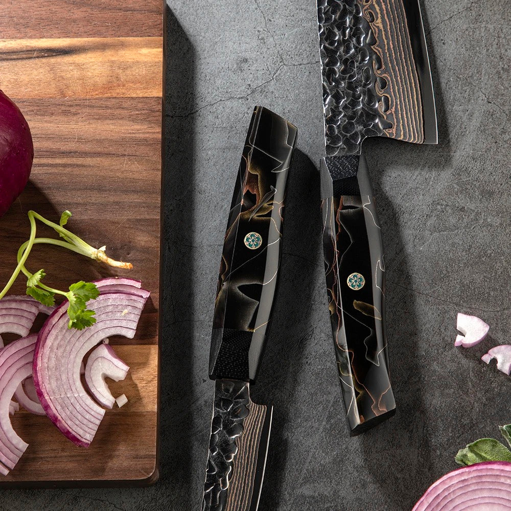Chef Knife Set - Majestic Japanese Chef Knife Set with Exotic Copper Damascus and Raffir Noble Handle - Shokunin USA
