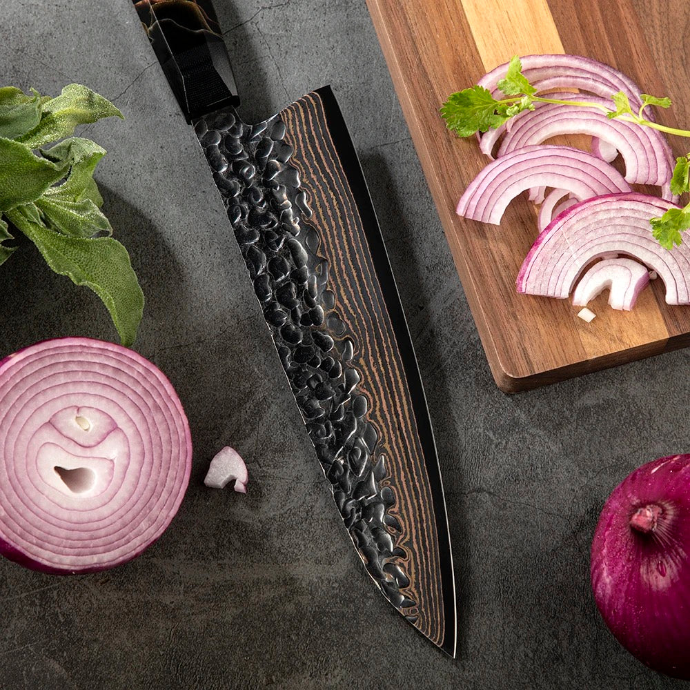 Chef Knife Set - Majestic Japanese Chef Knife Set with Exotic Copper Damascus and Raffir Noble Handle - Shokunin USA
