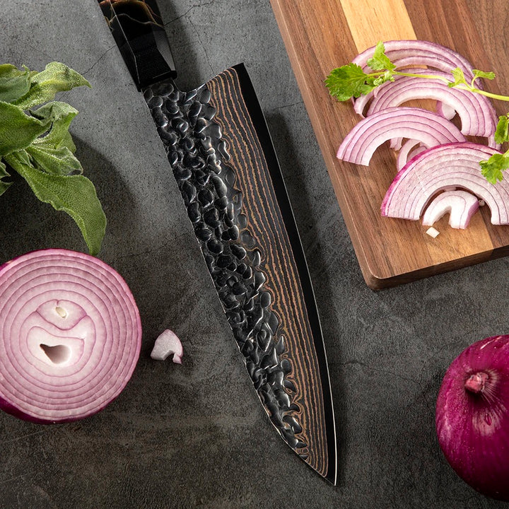 Chef Knife Set - Majestic Japanese Chef Knife Set with Exotic Copper Damascus and Raffir Noble Handle - Shokunin USA