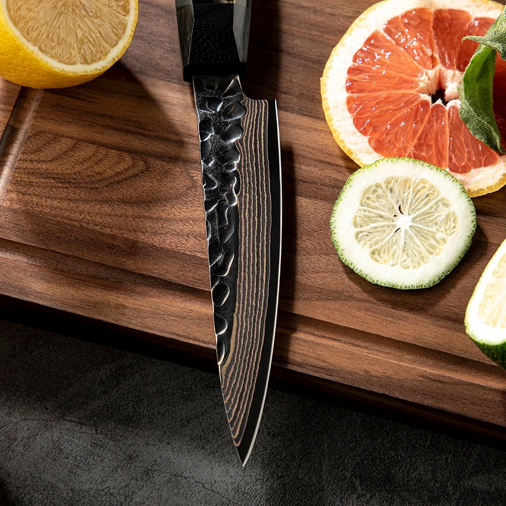 Chef Knife Set - Majestic Japanese Chef Knife Set with Exotic Copper Damascus and Raffir Noble Handle - Shokunin USA