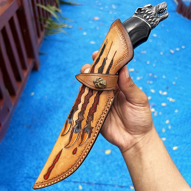 Damascus Knife - Wolf Japanese Hunting Knife VG-10 Damascus Steel &amp; Exotic Ebony  Handle - Shokunin USA
