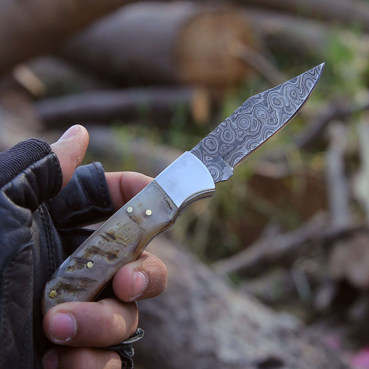 Damascus Knife - Ram Damascus Pocket Knife with Exotic Ram Horn Handle &amp; Leather Sheath - Shokunin USA