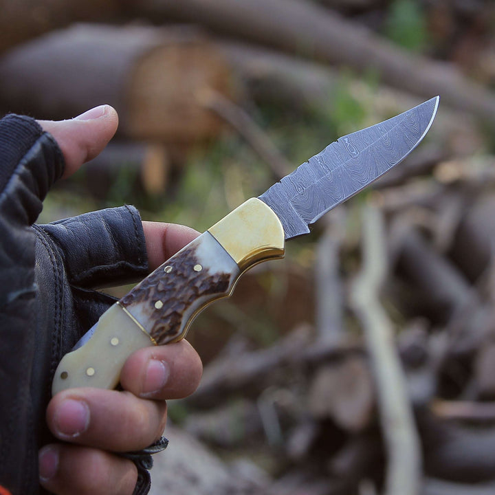 handmade pocket knife with antler handle - Antler Edge Damascus Pocket Knife with Staghorn &amp; Bone Handle - Shokunin USA