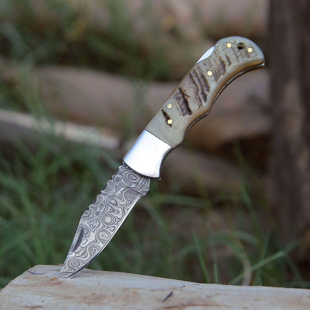 Damascus Knife - Ram Damascus Pocket Knife with Exotic Ram Horn Handle &amp; Leather Sheath - Shokunin USA