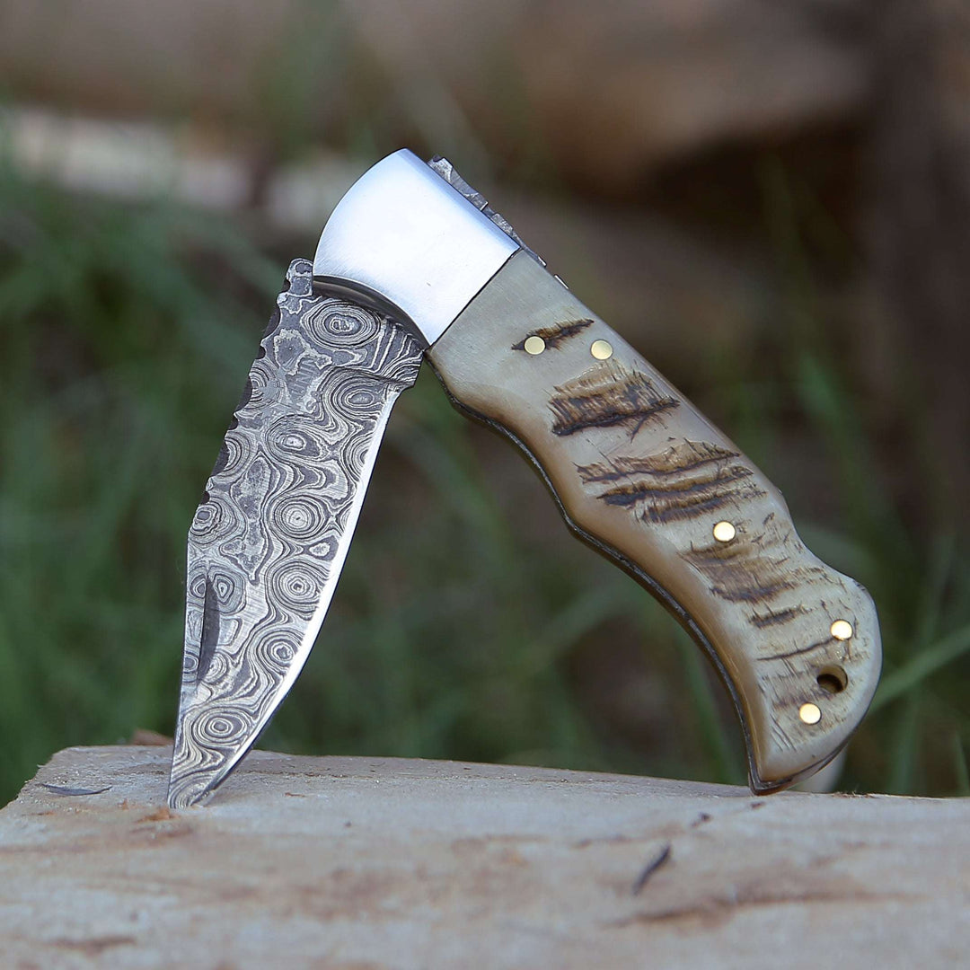 Damascus Knife - Ram Damascus Pocket Knife with Exotic Ram Horn Handle &amp; Leather Sheath - Shokunin USA