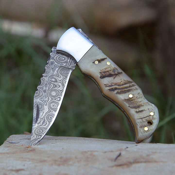 Damascus Knife - Ram Damascus Pocket Knife with Exotic Ram Horn Handle &amp; Leather Sheath - Shokunin USA