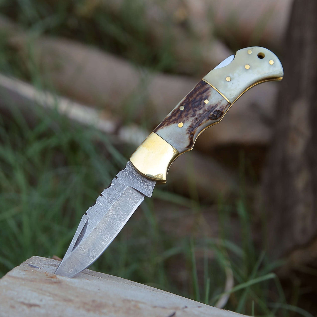 handcrafted pocket knife with antler handle - Antler Edge Damascus Pocket Knife with Staghorn &amp; Bone Handle - Shokunin USA