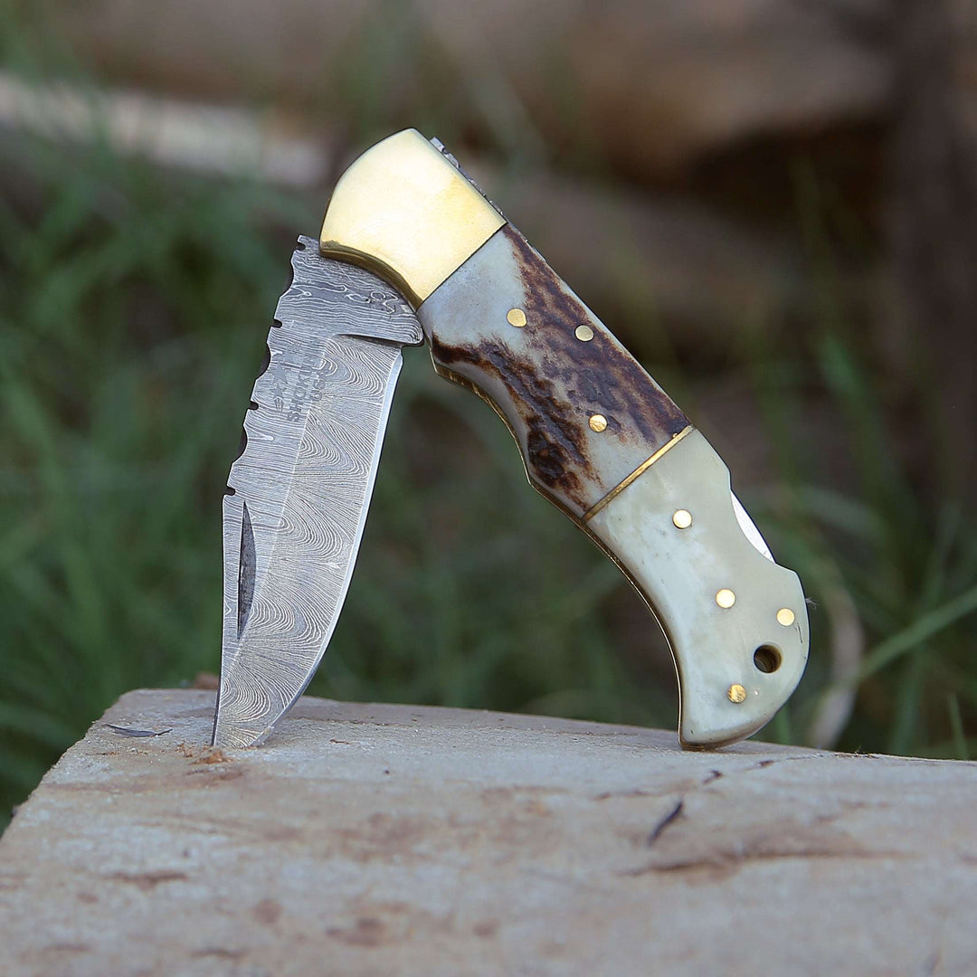 custom pocket knife with antler handle - Antler Edge Damascus Pocket Knife with Staghorn &amp; Bone Handle - Shokunin USA