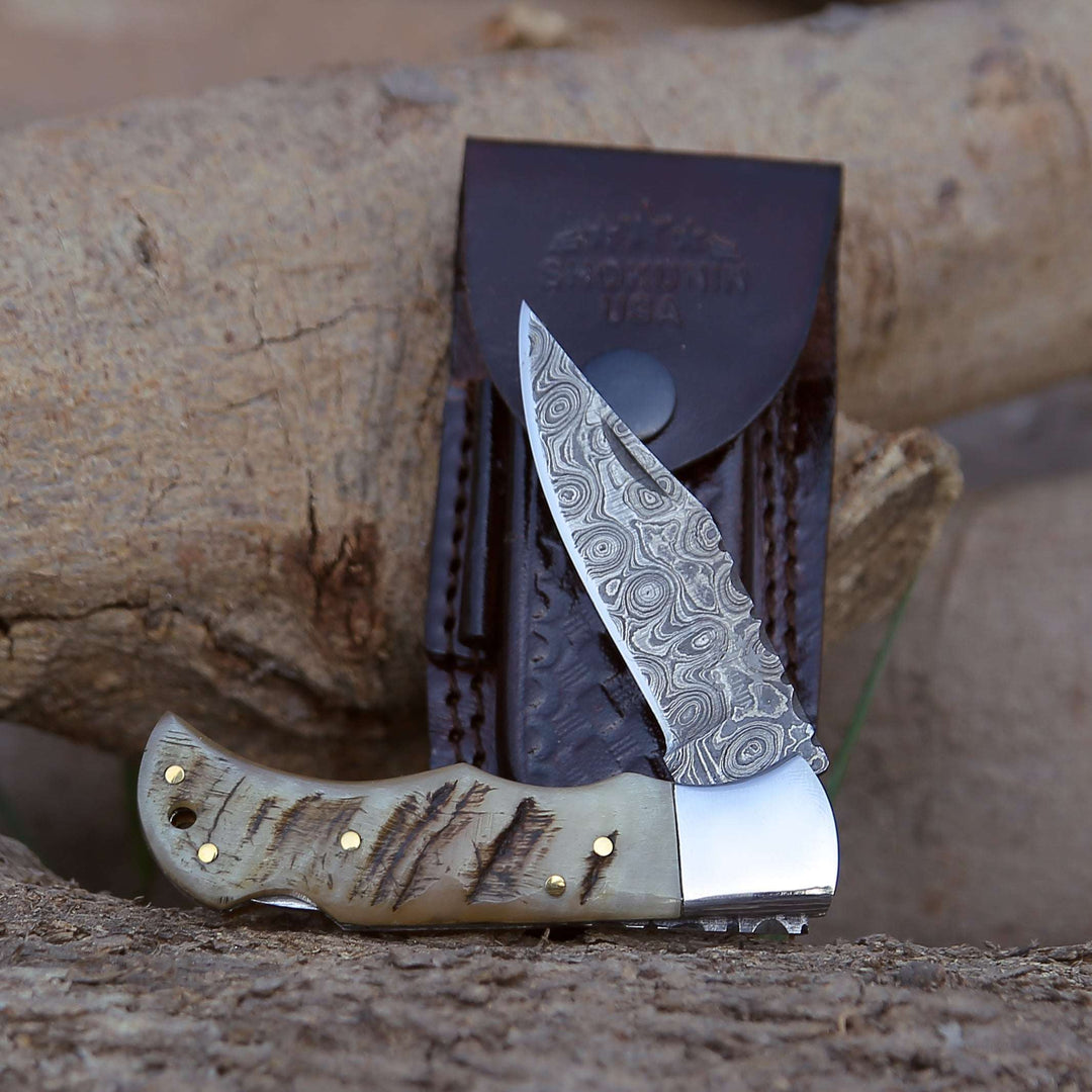 Damascus Knife - Ram Damascus Pocket Knife with Exotic Ram Horn Handle &amp; Leather Sheath - Shokunin USA