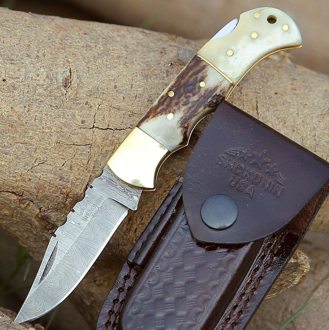 Pocket Knife - Antler Edge Damascus Pocket Knife with Staghorn & Bone Handle - Shokunin USA