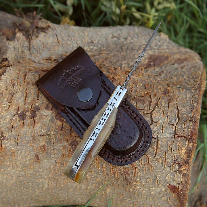 Damascus Knife - Ram Damascus Pocket Knife with Exotic Ram Horn Handle &amp; Leather Sheath - Shokunin USA