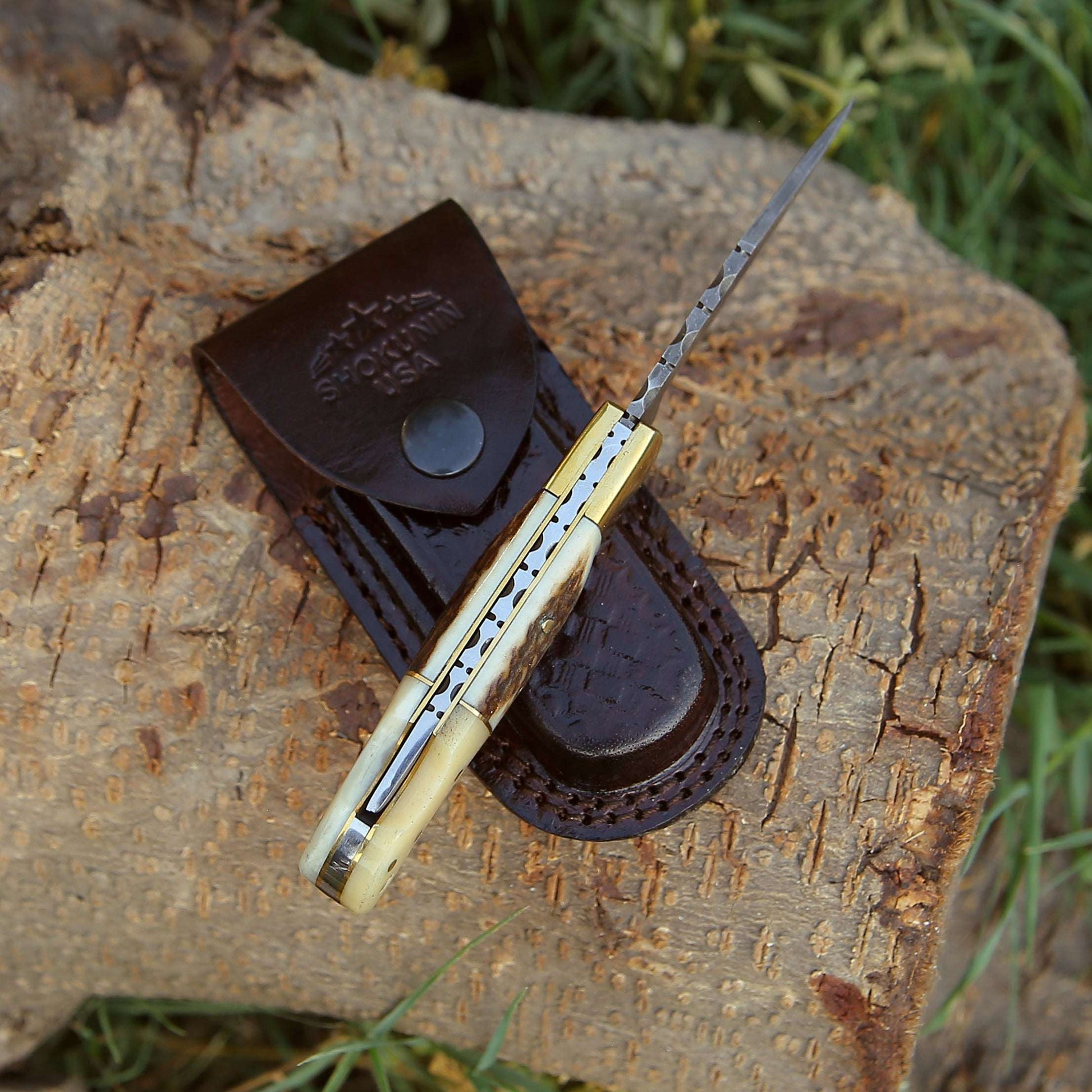 Pocket Knife - Antler Edge Damascus Pocket Knife with Staghorn & Bone Handle - Shokunin USA
