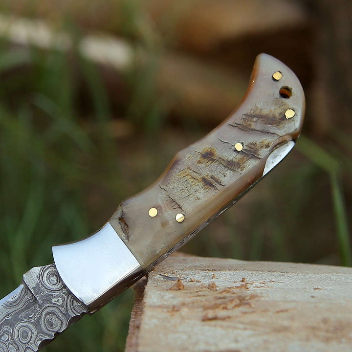 Damascus Knife - Ram Damascus Pocket Knife with Exotic Ram Horn Handle &amp; Leather Sheath - Shokunin USA