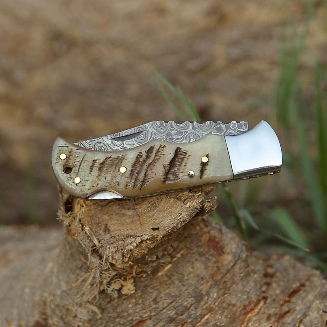 Damascus Knife - Ram Damascus Pocket Knife with Exotic Ram Horn Handle &amp; Leather Sheath - Shokunin USA