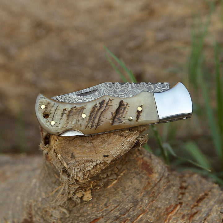 Damascus Knife - Ram Damascus Pocket Knife with Exotic Ram Horn Handle &amp; Leather Sheath - Shokunin USA