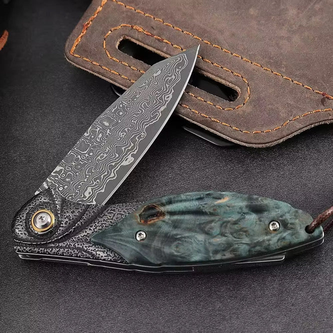 Damascus Knife - Viper Japanese Damascus Pocket Knife with Stained Maple Burl Handle - Shokunin USA