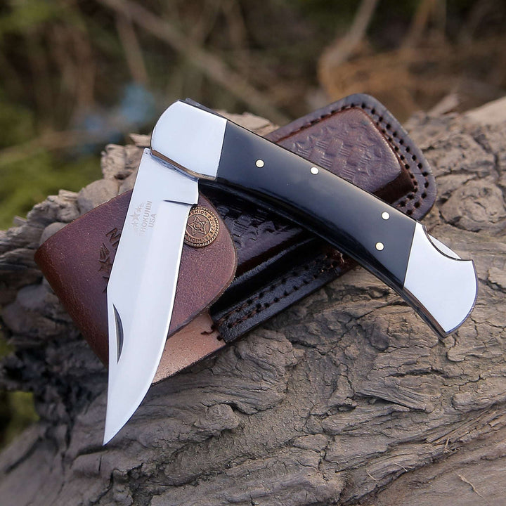 Pocket knife - Pocket Knife with Exotic Bull Horn Handle &amp; Sheath Personalized - Shokunin USA