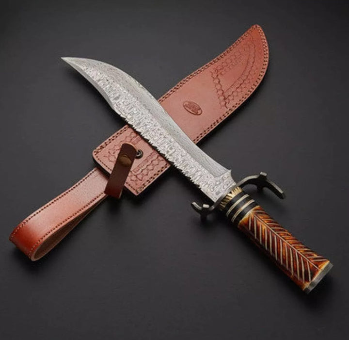 Bowie Knife - Rubble Damascus Steel Bowie Knife with Bone Handle &amp; Sheath - Shokunin USA