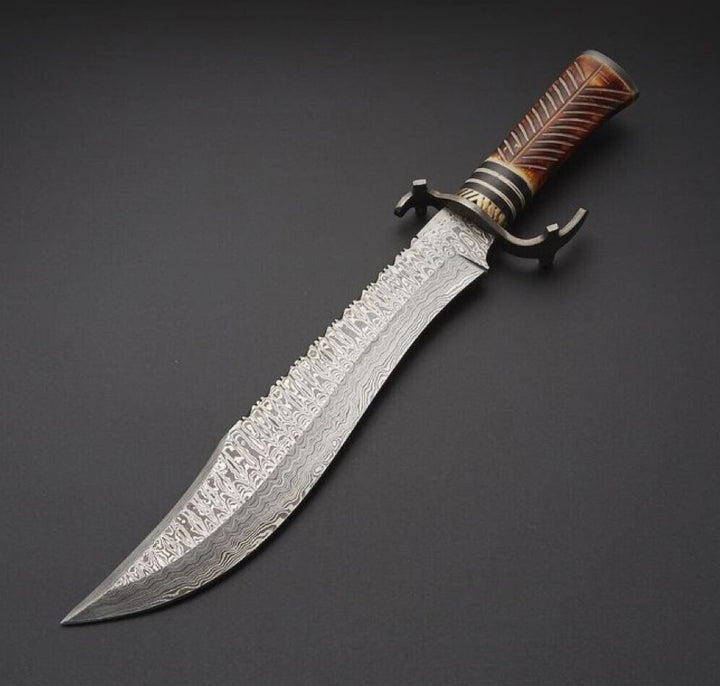 Bowie Knife - Rubble Damascus Steel Bowie Knife with Bone Handle &amp; Sheath - Shokunin USA