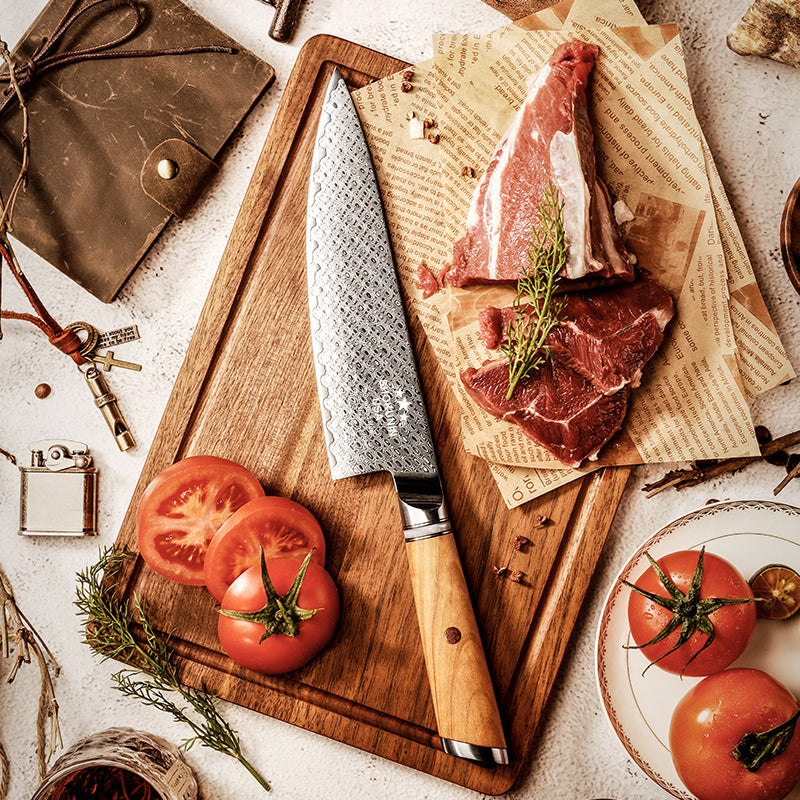 Chef Knife - HyperEdge Damascus Chef Knife with Pine Cone Handle &amp; Sheath - Shokunin USA