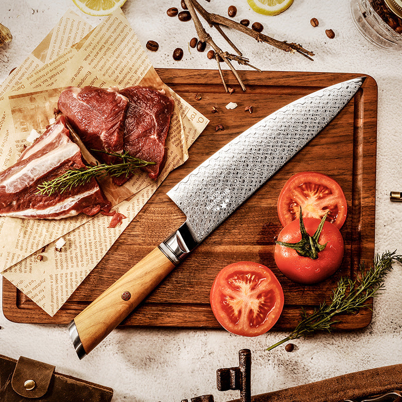 Chef Knife - HyperEdge Damascus Chef Knife with Pine Cone Handle & Sheath - Shokunin USA