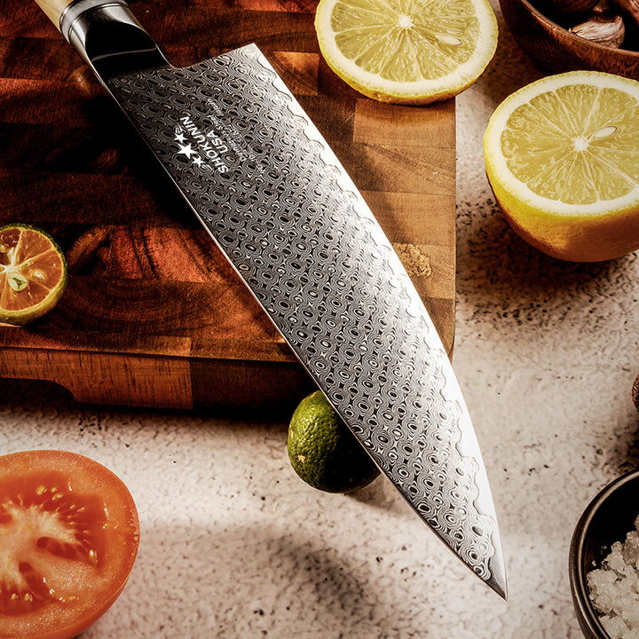 Chef Knife - HyperEdge Damascus Chef Knife with Pine Cone Handle &amp; Sheath - Shokunin USA