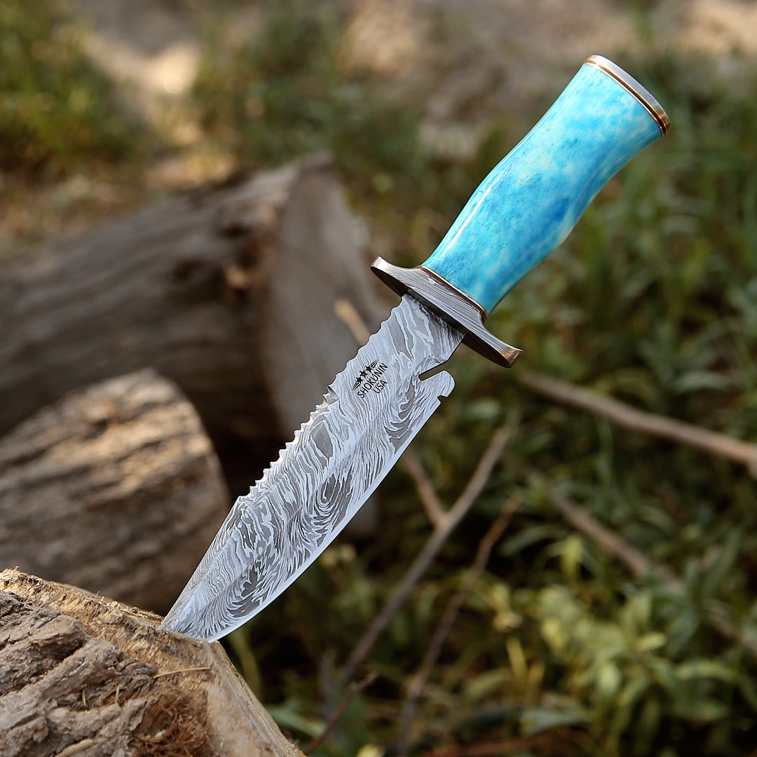 Behemoth 7.0" Damascus Steel Handmade Hunting Knife with Bone Handle - Shokunin USA