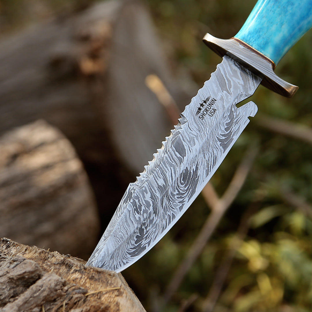 Behemoth 7.0" Damascus Steel Handmade Hunting Knife with Bone Handle - Shokunin USA