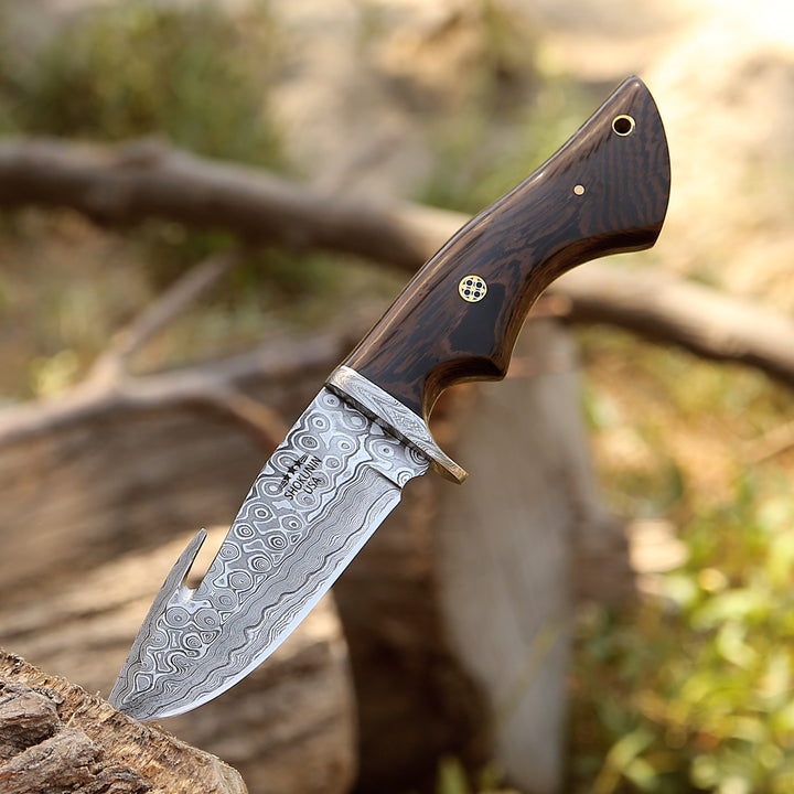 Damascus Knife - Captain Damascus Hunting Knife with Gut Hook &amp; Exotic Wenge Wood Handle - Shokunin USA