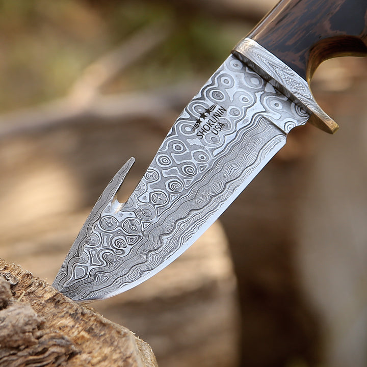 Damascus Knife - Captain Damascus Hunting Knife with Gut Hook &amp; Exotic Wenge Wood Handle - Shokunin USA