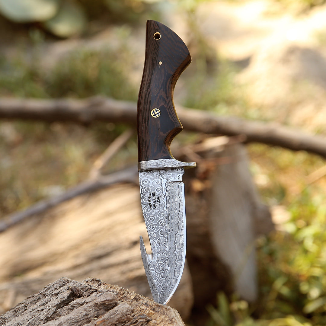 Damascus Knife - Captain Damascus Hunting Knife with Gut Hook &amp; Exotic Wenge Wood Handle - Shokunin USA