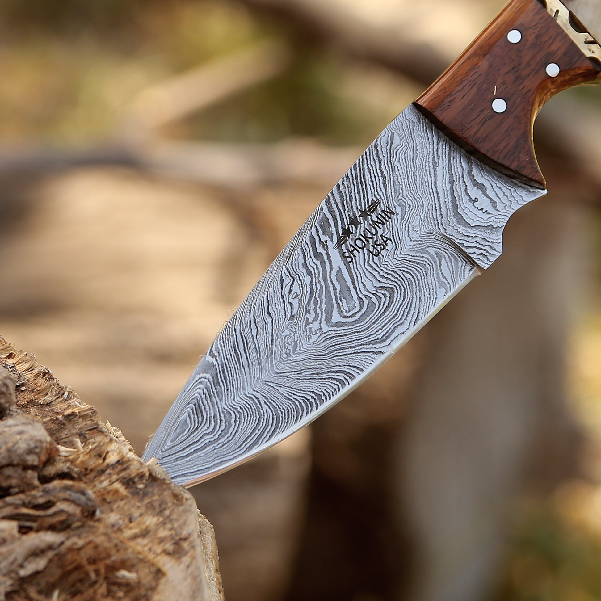 Damascus Knife - Starlight Damascus Hunting Knife with Exotic Rosewood & Ram Horn Handle - Shokunin USA