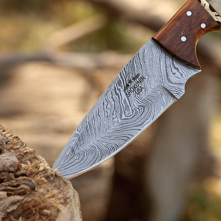 Starlight Damascus Hunting Knife with Exotic Rosewood &amp; Ram Horn Handle - Shokunin USA