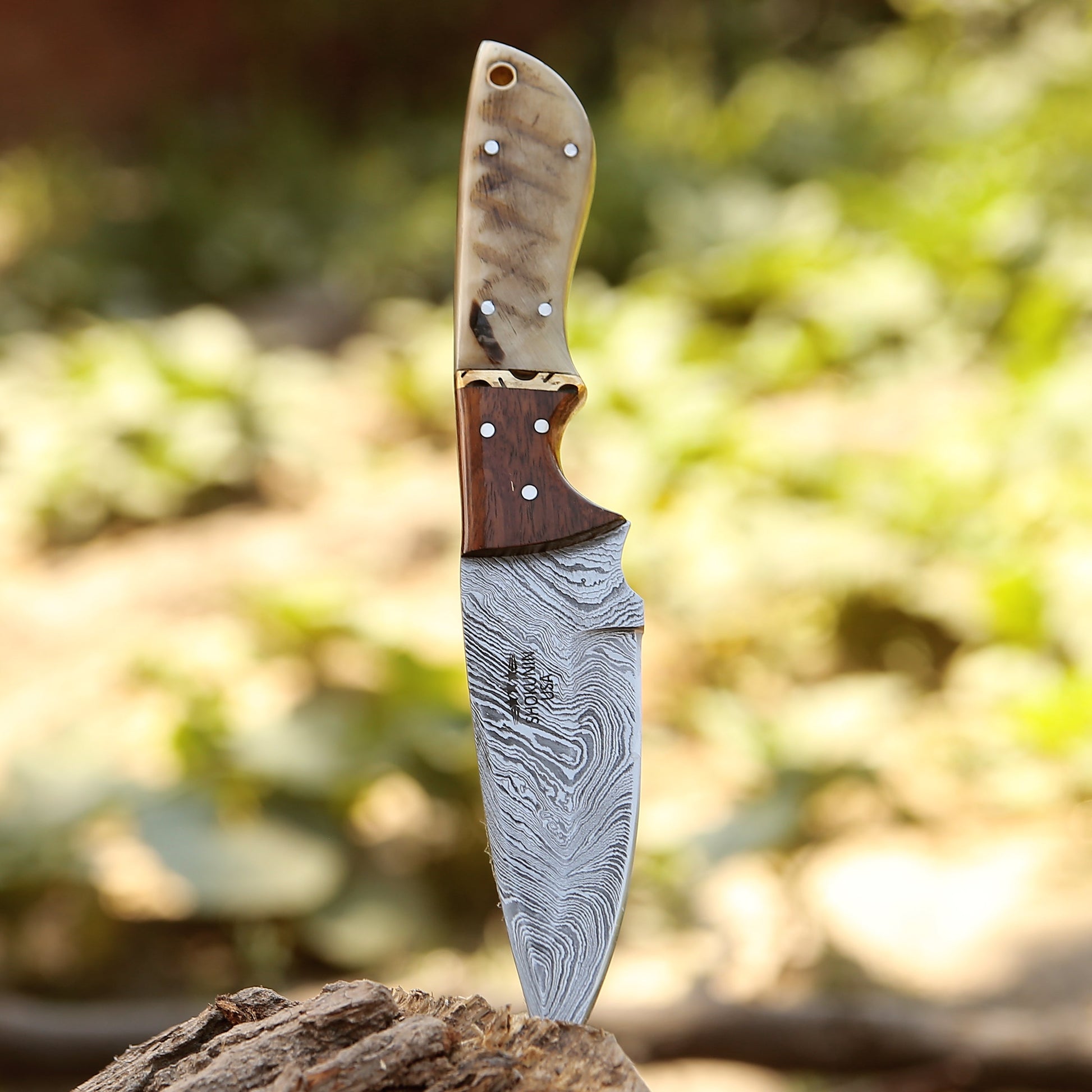 Damascus Knife - Starlight Damascus Hunting Knife with Exotic Rosewood & Ram Horn Handle - Shokunin USA
