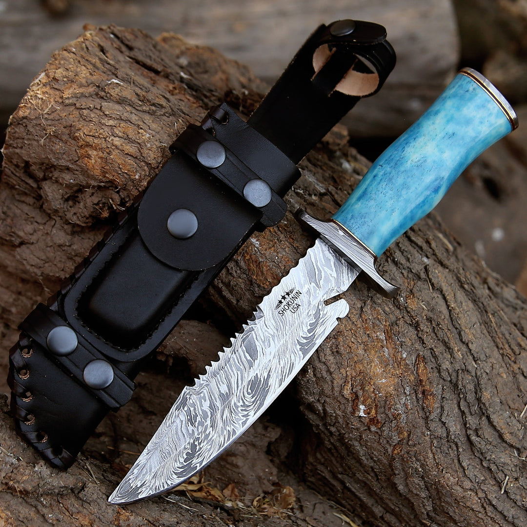 Behemoth 7.0" Damascus Steel Handmade Hunting Knife with Bone Handle - Shokunin USA