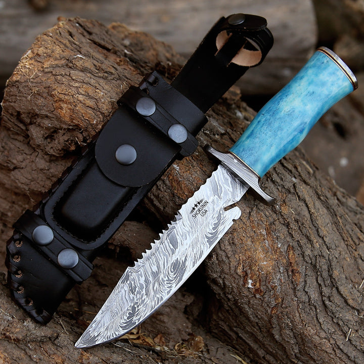 Behemoth 7.0" Damascus Steel Handmade Hunting Knife with Bone Handle - Shokunin USA